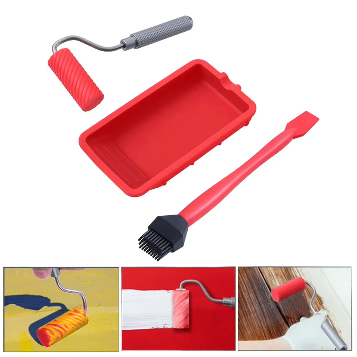 A04R-1set Silicone Roller Brush Kit Multipurpose for Home Renovation Wall Household Paint Tool Tray Paintwork Tools Parts