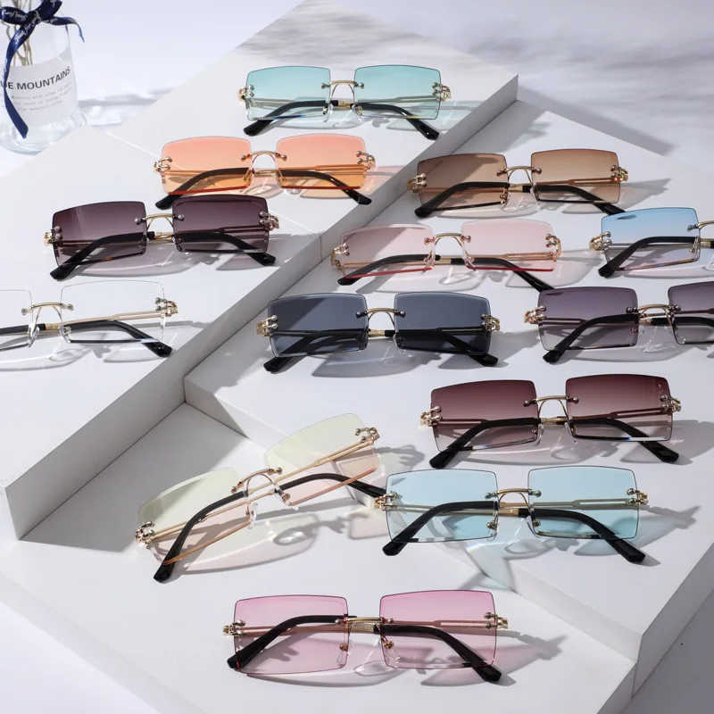 Women Sunglasses Eyewear Metal Rimless Square Frame Ultralight for Sunblock Summer Sports