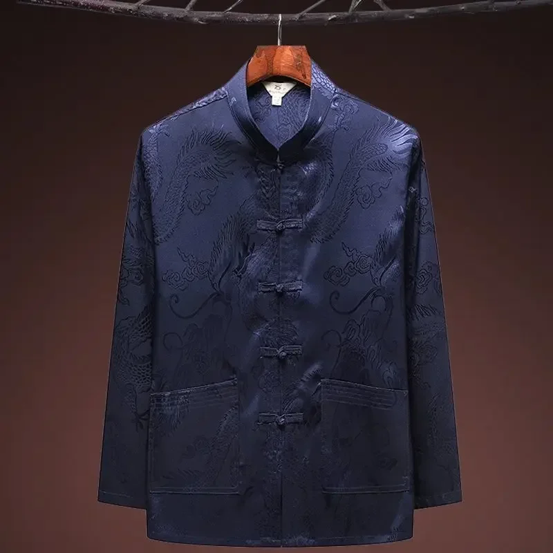 Chinese Dragon Pattern Retro Tang Suit Kung Fu Tai Chi Clothes Men's Hanfu Fu Cheongsam with Pocket Shirt Bottoming Shirt