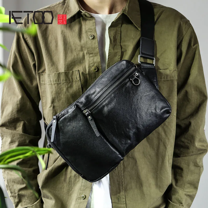 

Мужская кожаная нагрудная сумка AETOO, повседневная сумка через плечо в стиле ретро, кожаная сумка через плечо первого слоя