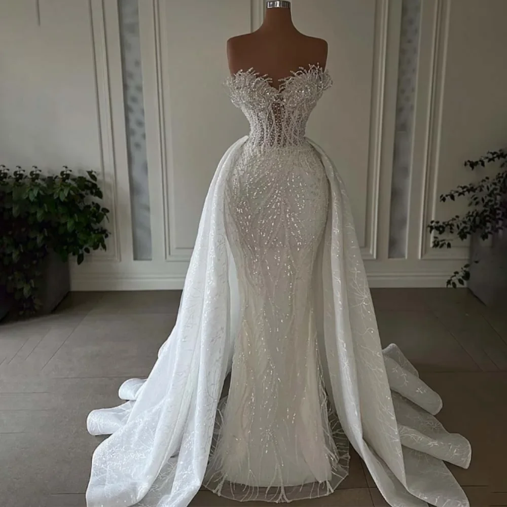 

2024 Sparkly Sequins Mermaid Wedding Dress For Bride Sweetheart Neck Lace Beads Vestidos De Noiva Sereia Bridal Gowns Charming