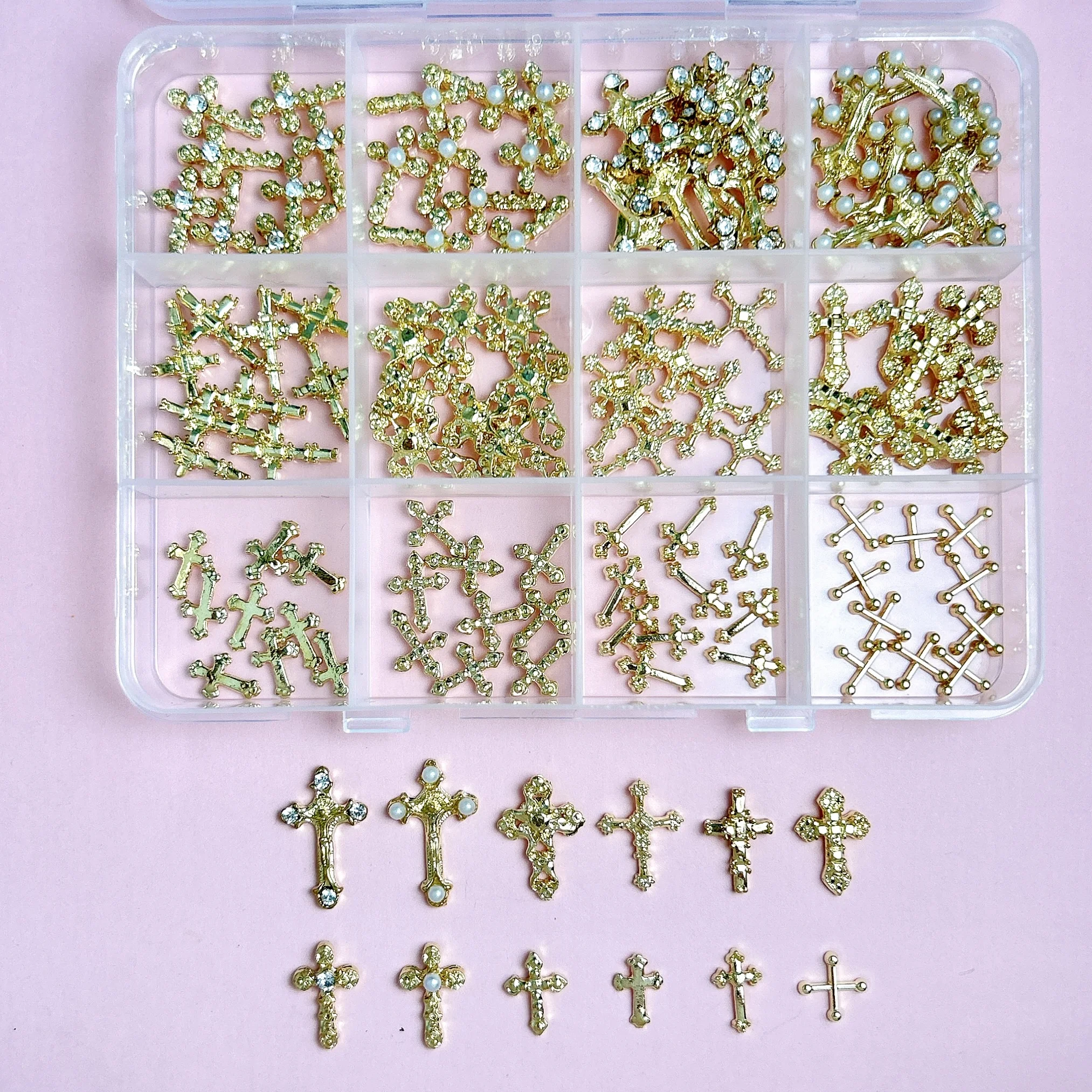 1Box Minimalist Pure Gold Alloy Cross Nail Art Decorations Retro 3D Exquisite Cross Mini Rhinestones Inlaid Nail Charms for DIY