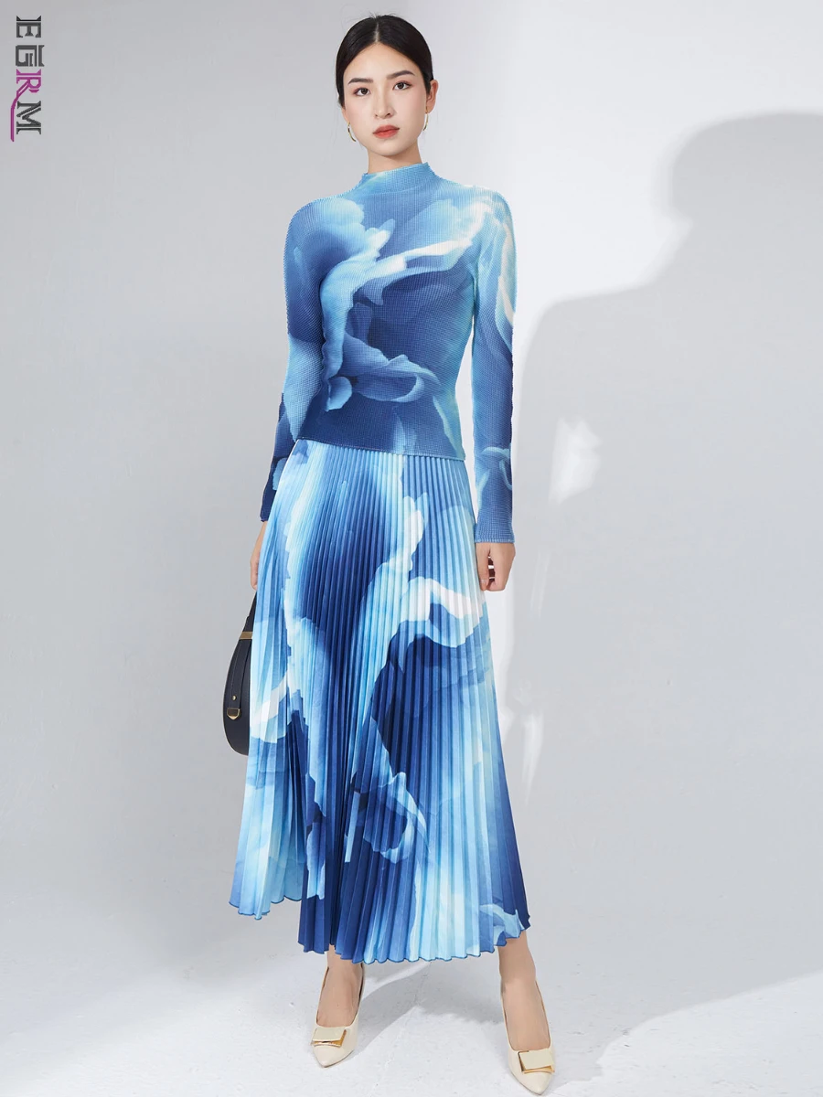 

EGRM 2023 New Miyake Pleated Two Piece Set Summer Thin Style Half High Collar Long Sleeved T-shirt Top and Folds Skirts 8GR2369
