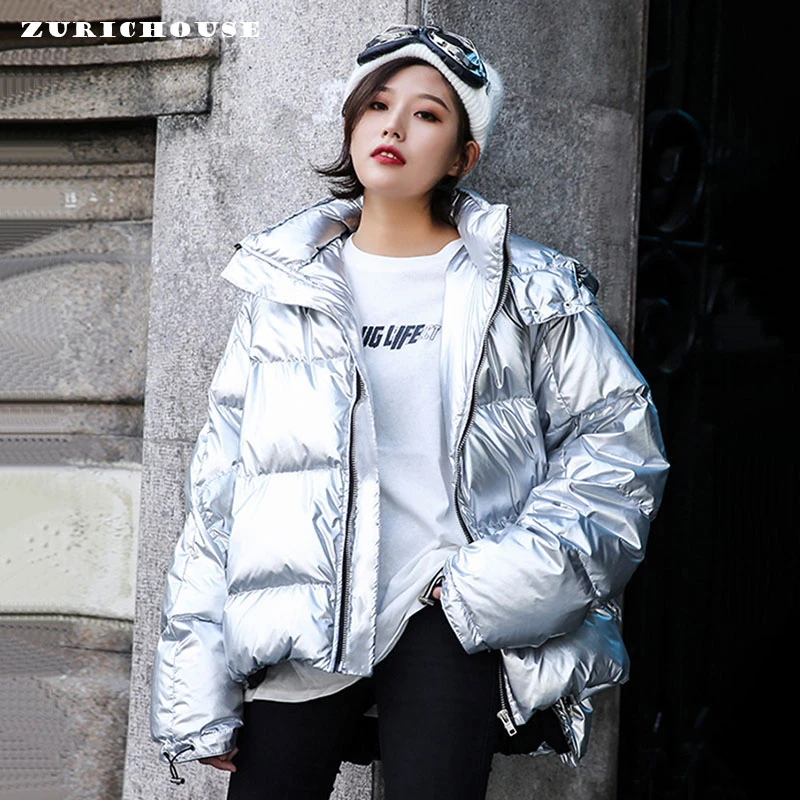 

ZURICHOUSE Winter Down Jacket Women Warm Hooded Parka 2024 Stylish Asymmetric Length Metal Silver Down Padded Bubble Jacket