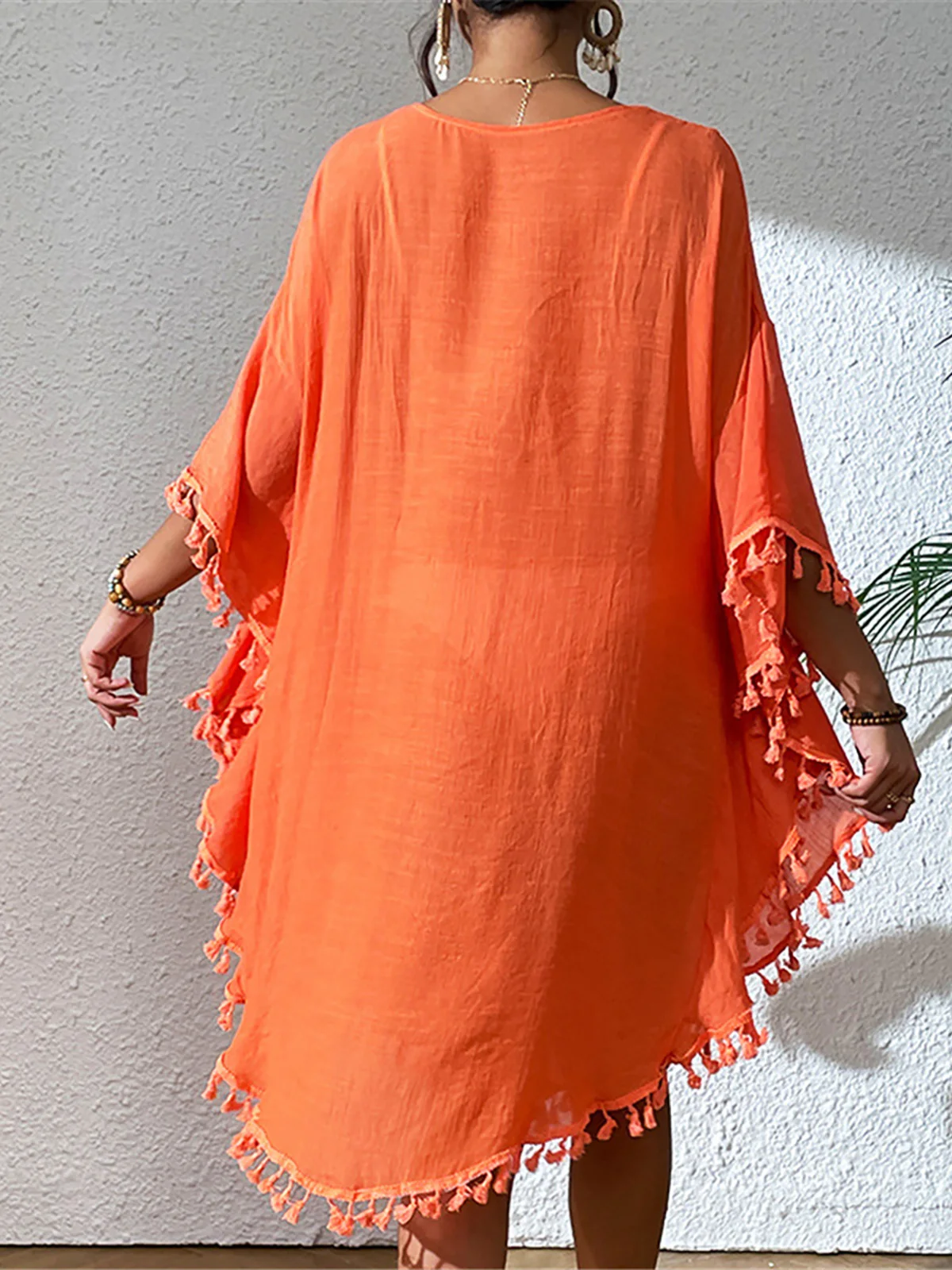 New Fringe Tassel Embroidery Half Sleeve Tunic Beach Cover Up Cover-ups Long Beach Dress Beach Wear Beachwear Female Women K5328 1