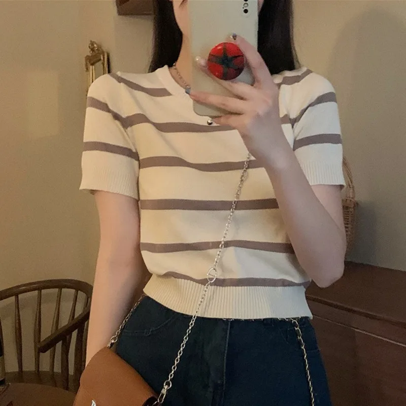 Zomer Casual Mode Gestreepte Bedrukking T-shirt Dames Korte Mouw Pullover Tops Dames Losse O-hals Tee Vrouwelijke Kleding311_voghion.com