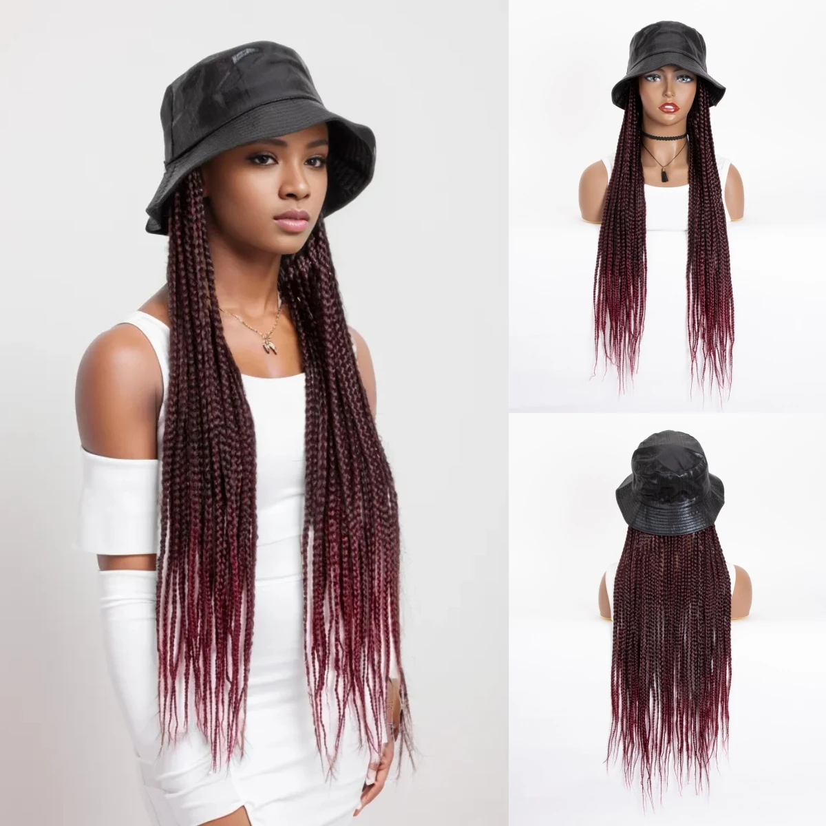WIGERA Ombre Rainbow Long Box Braided Synthetic Wig With Baseball Cap Braiding Braids Crochet Hair Extensions With Bucket Hat