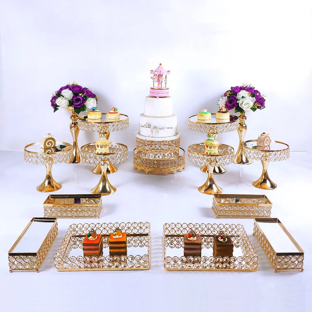 Gold 8-16pcs Electroplate Metal Crystal Cake Stand Set Display Wedding Birthday Party Dessert Cupcake Plate Rack