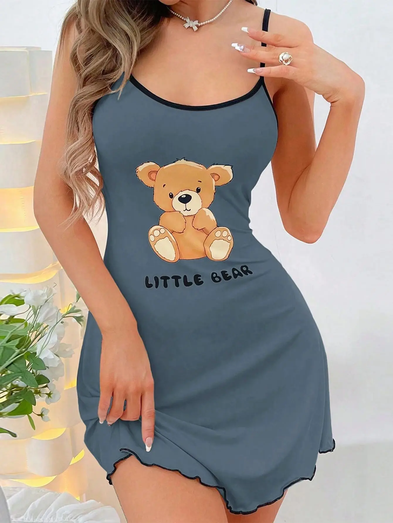 New Womens Sexy Little Bear Print Nightgown Cute Cami Sleep Dress Mini Spaghetti Strap Lettuce Hem Contrast Trim Loungewear