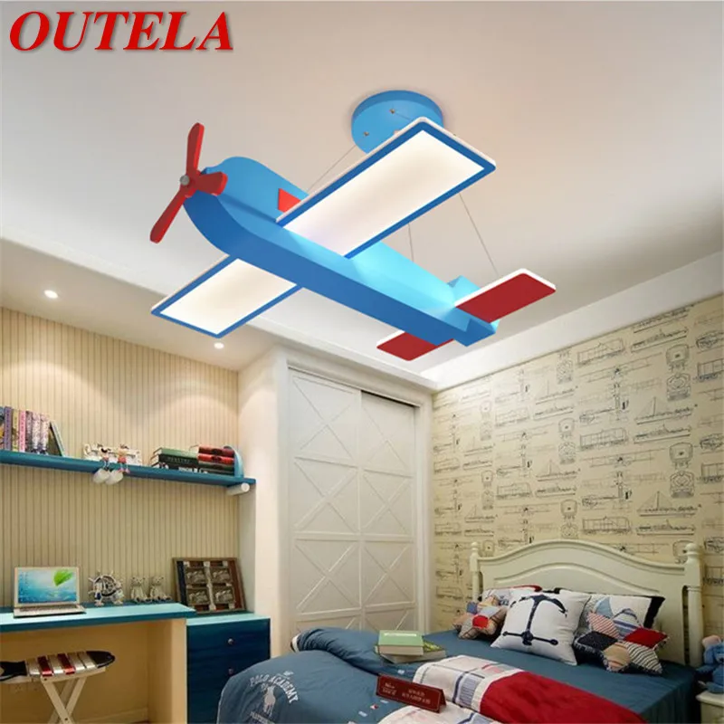 

OUTELA Children's Airplane Pendant Lamp LED Creative Blue Cartoon For Kids Room Kindergarten Light Bimmable With Remote Control