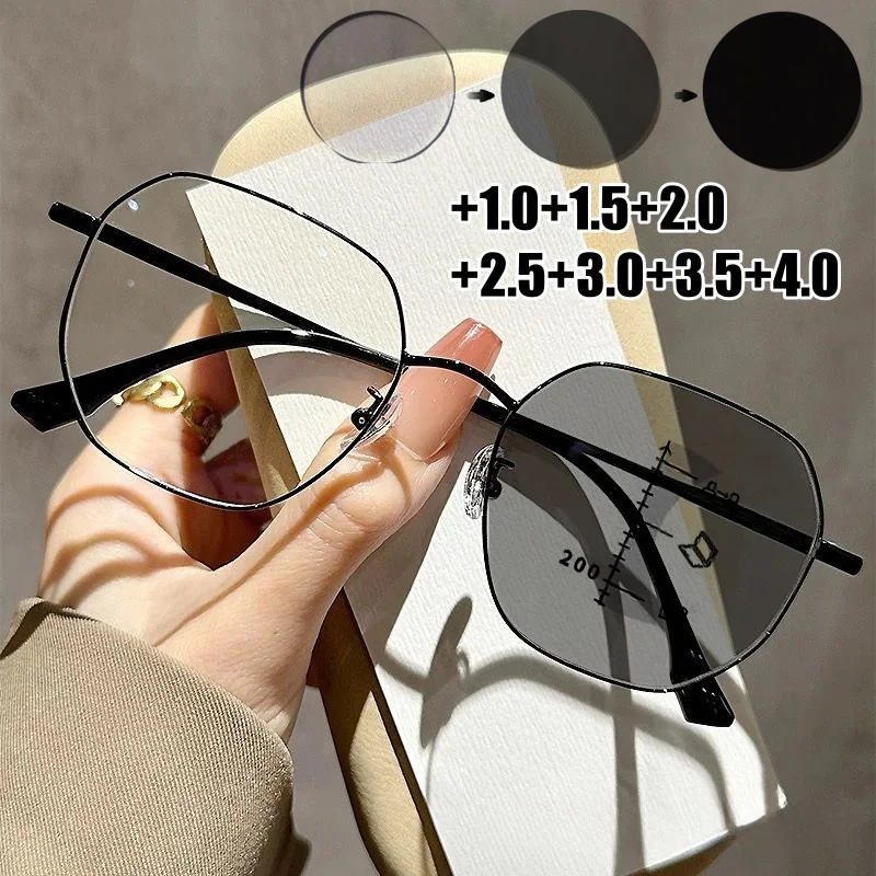 Frauen Männer Trendy Photochrome Lesebrille Klassische Quadratische Rahmen HD Presbyopie Farbwechsel Progressive Multifokale Brillen