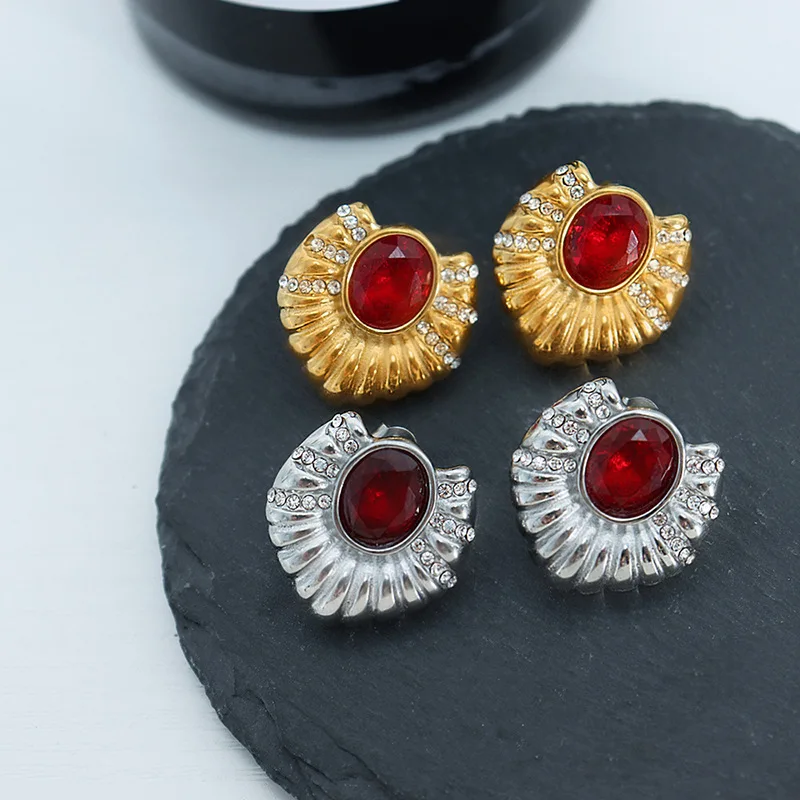 

Vintage Earrings For Women Inlaid With Red Glass Stone Luxury Wedding Gift 2023 Stainless Steel Fashion Jewelry Free Shipping