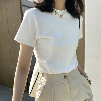 100% Pure Cotton Casual Short Sleeved T-shirt for Women's Summer Elastic Slim Fit Round Neck Bottom Shirt for Women's  Fashion 1