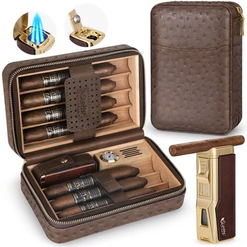 Scotte Cigar Humidor Box Cigar Lighter Cedar Wood Lined Leather Cigar Case Built in Hygrometer Humidifier with Cigar Holder Kit 1