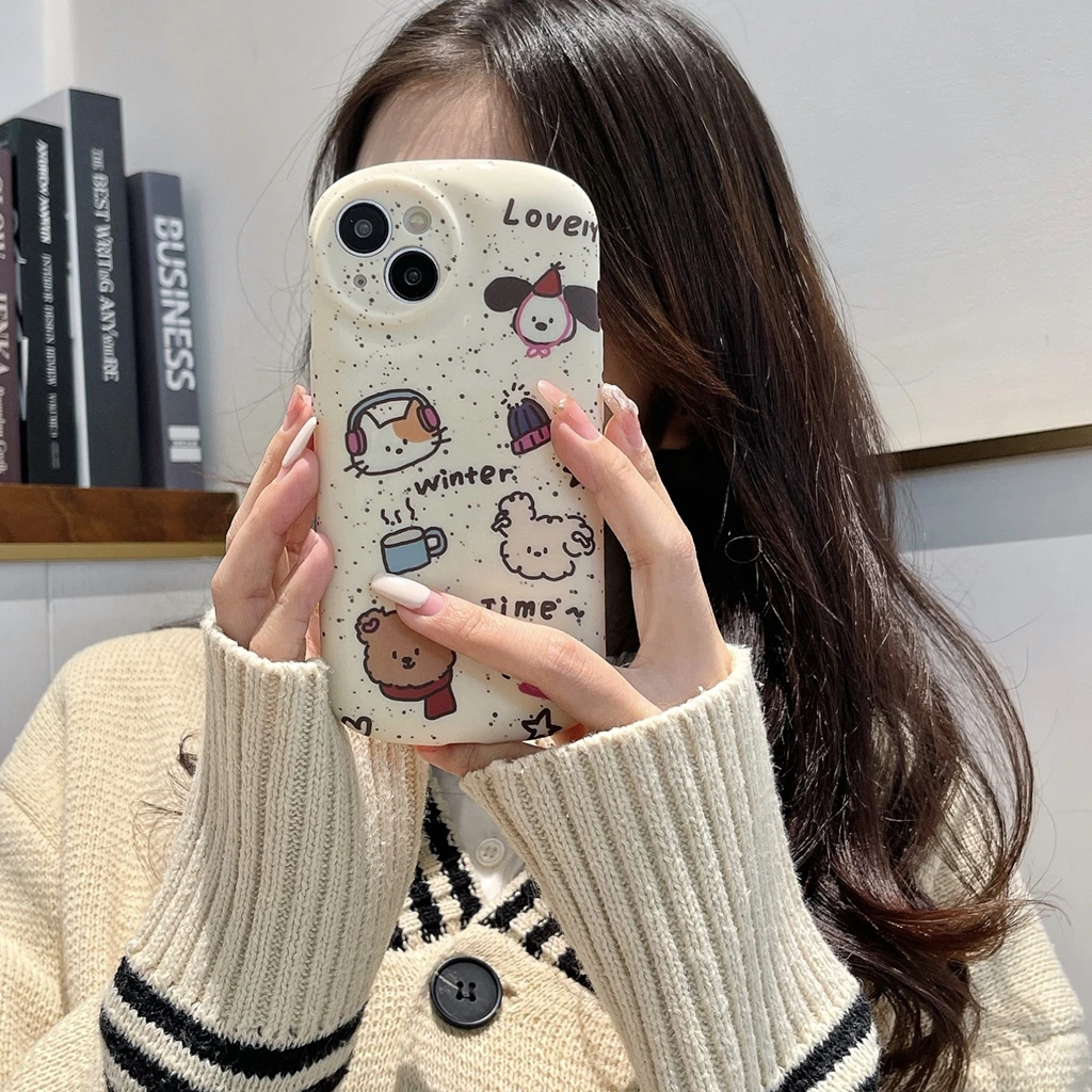 White Splash-Ink Cute Cat Dog Animal Head Letter Cover Case Per Iphone 15 14 13 12 11 Pro Max Phone Case