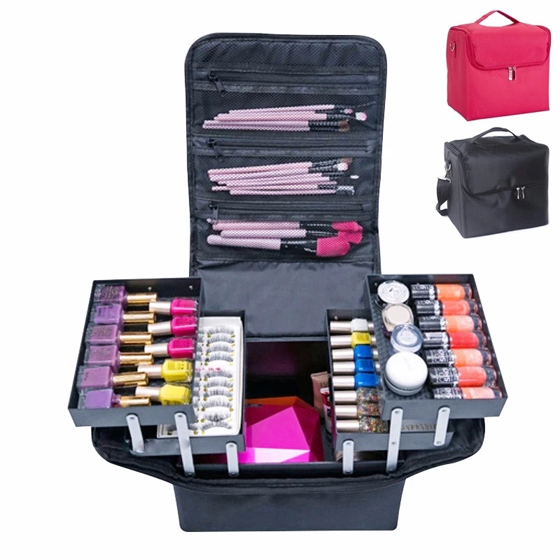 

2022 Fashion Women's Makeup Storage Box Large-capacity One-shoulder Cosmetic Bag Multi-layer Tools Nail Art Embroidery Box