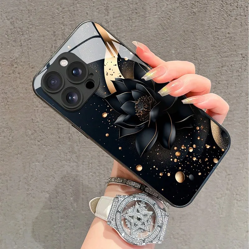 Luxurious Black Lotus Flower Pattern Phone Case with Glass Frame