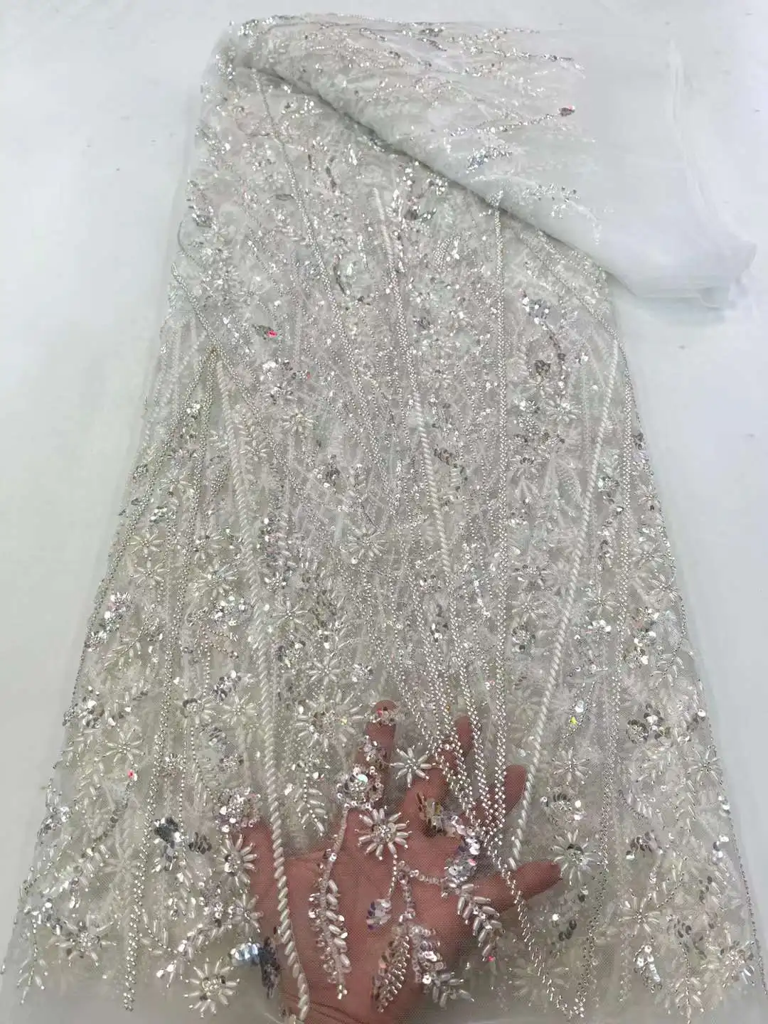 

High Quality Tulle Lace Fabric Bead Sequins Stack Craft Nigerian Free Shipping Sewing DIY Party Wedding Dress 5 Yards Trimming