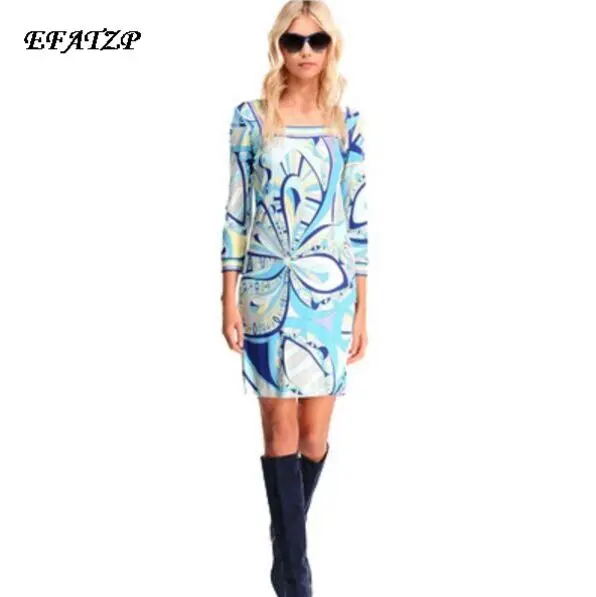 

EFATZP 2022 New Fashion Designer Dress Women's Short Sleeve Blue Geometric Print Signature Knee Length Jersey Silk Dresses