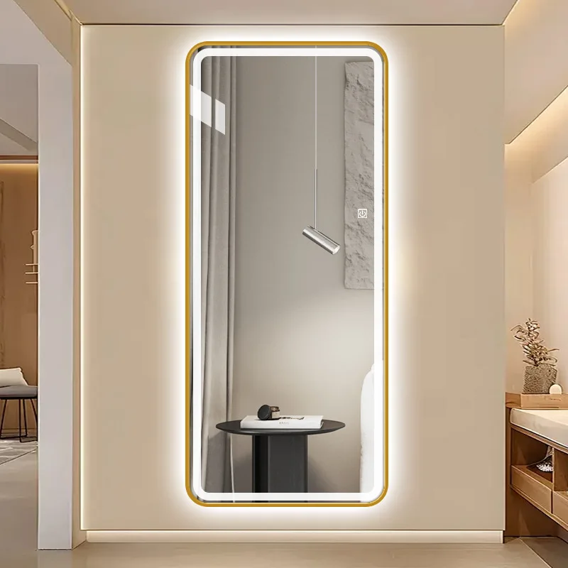Square Full-length Mirror Full-body Mirror Smart LED Light Luminous Long with Metal Frame Plugged in Makeup Vanity