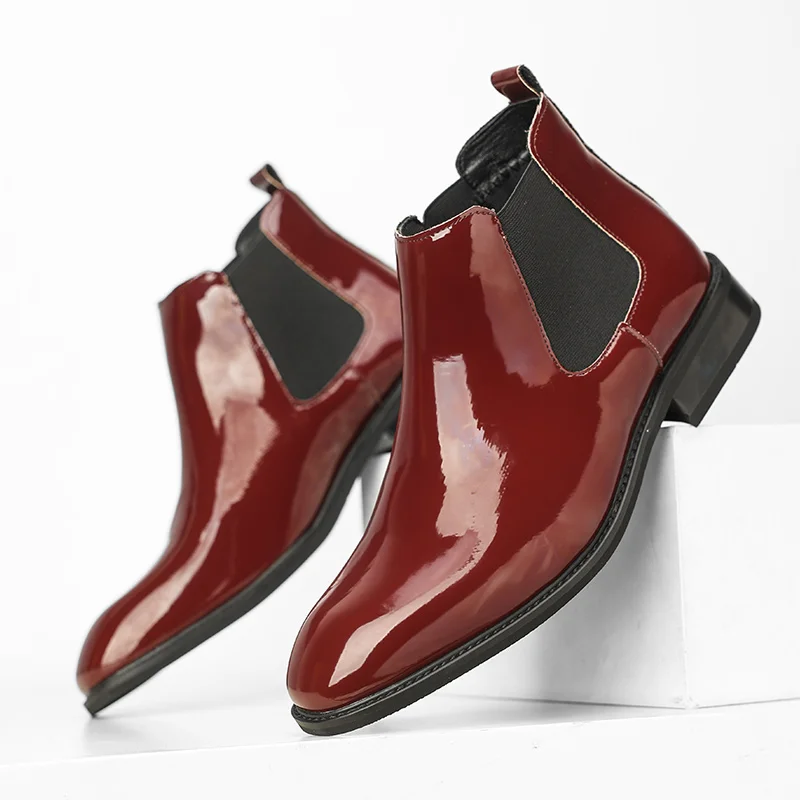 Chelsea Boots for Men Patent Leather Black Buckle Ankle Round Toe Business Classic Handmade Men Short Boots Botas De Hombre