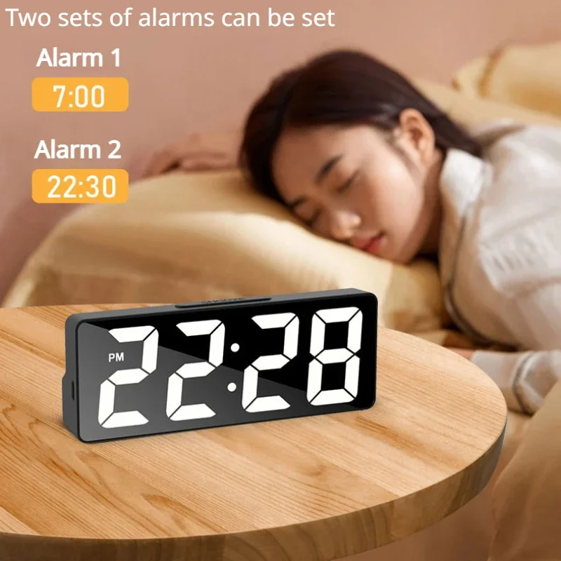 Sleek LED Mirror Alarm Clock with Adjustable Brightness and Snooze Function