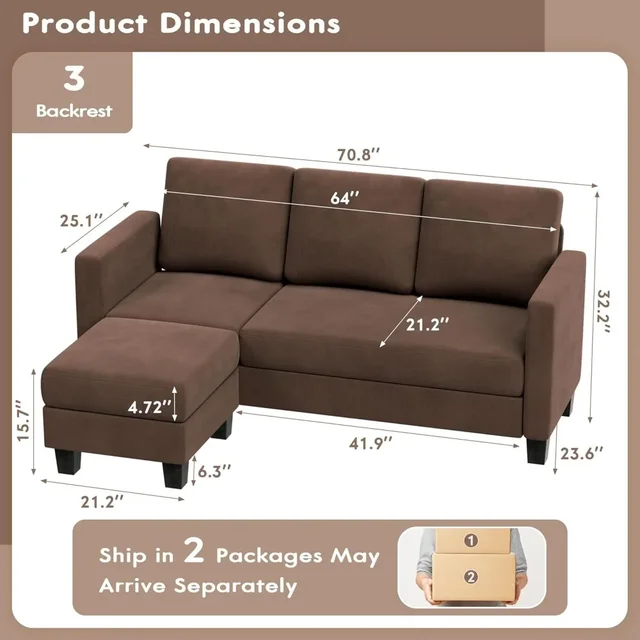Convertible Sectional Sofa Couch, L-Shaped Sofa with Linen Fabric, Movable Ottoman Small Couch , Living Room and Office 6