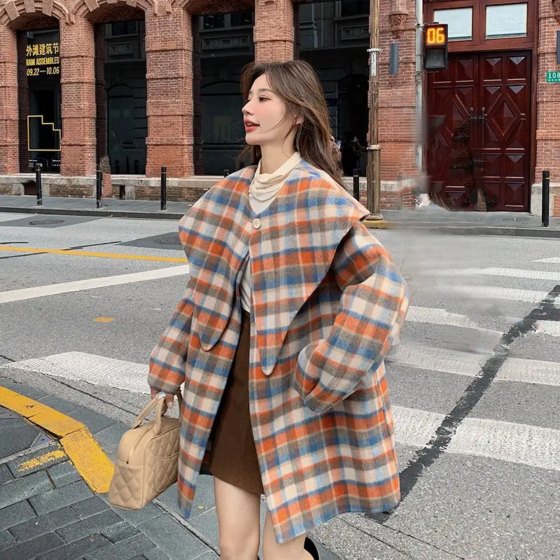 Color Plaid Jackets One Button Woolen Coat 2023 Autumn/Winter Design Style Double Breasted Lace Up Tie Loose Long Women Wool