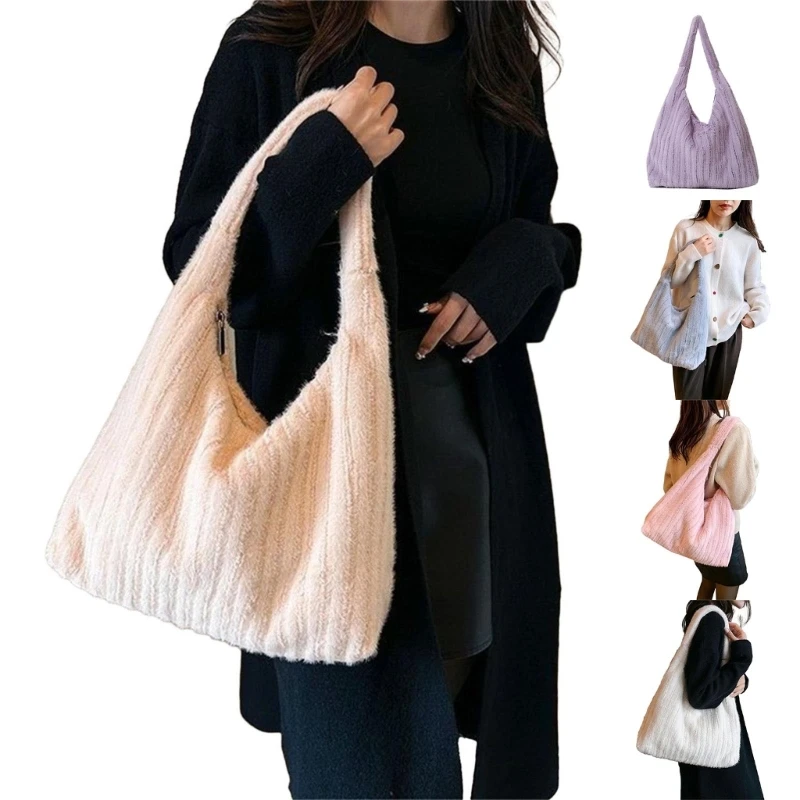 

Women Plush Underarm Bag Autumn Winter Fluffy Shoulder Bag Lady Casual Large Capacity Handbag for Travel School Work Shopping