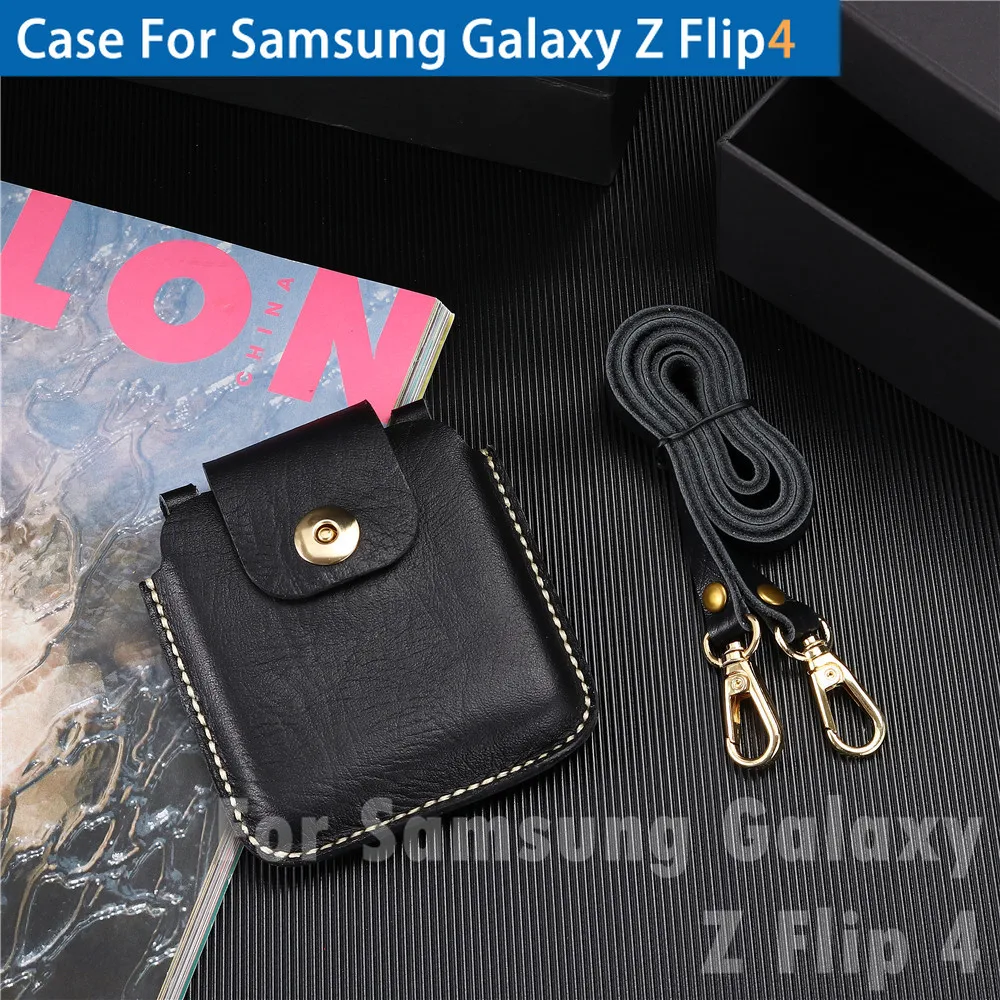 

Genuine Leather Pouch for Samsung Galaxy Z Flip 4 Case, Luxury Mobile Phone Bag with Lanyard