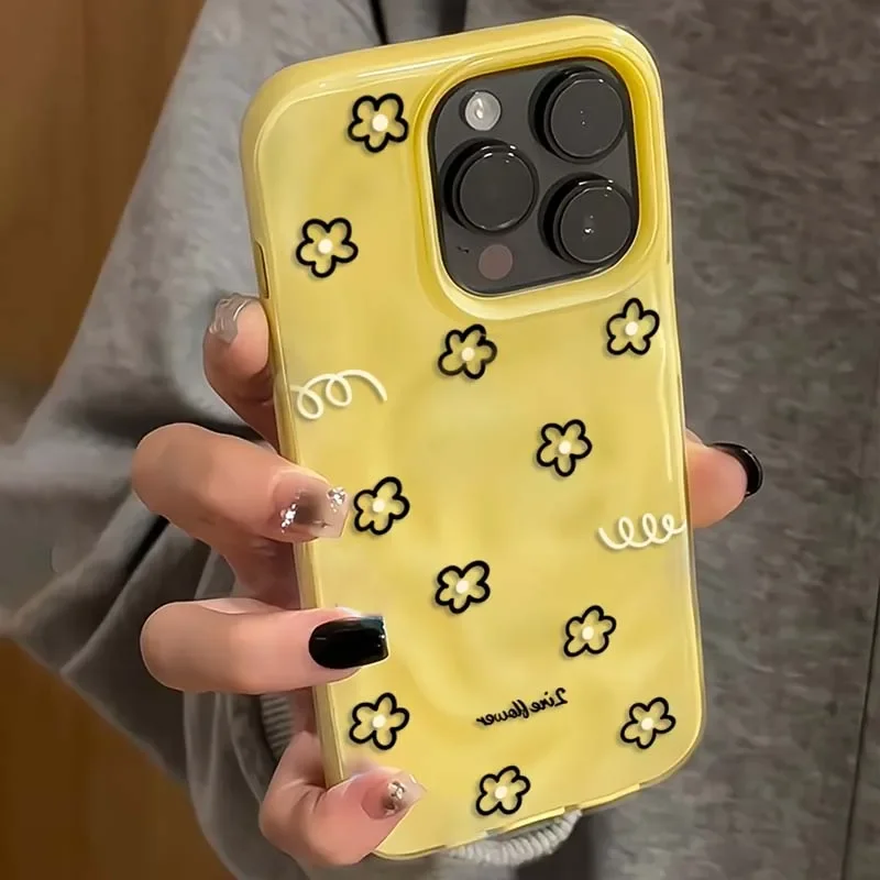 Charming Yellow Floral Cartoon Soft Phone Case with Textured Pink and White Details