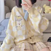 Anime Sanrioed Pompompurin Girl Cardigan Sweater Kuromi Kawaii Cinnamoroll Spring Autumn Knit Coat Preppy Loose Sweet Embroidery 1