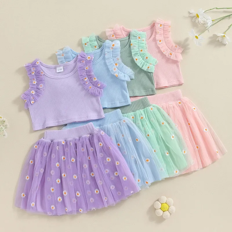 

Little Girl 2 Piece Summer Set, Daisy Embroidery Sleeveless Ribbed Tops Elastic Waist Mesh Skirt Baby Toddler Outfit