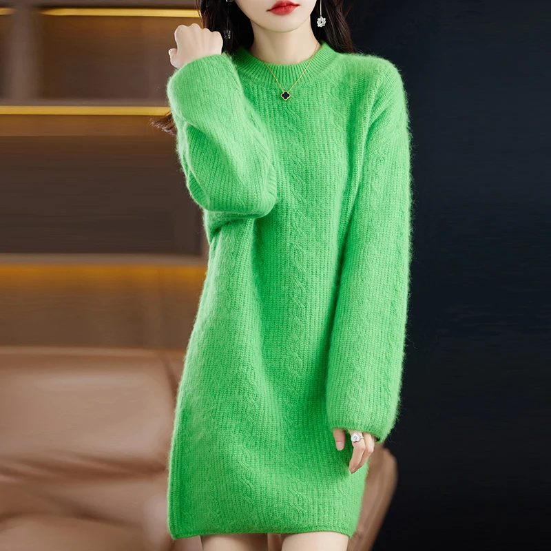 

Fall/Winter new women's solid color loose O-neck fashion casual sweater 100% mink velvet knitted long pullover