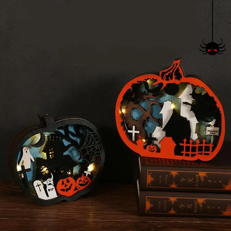 

Wooden Pumpkin Light Shadow Box Tabletop Centerpieces LED Halloween Lighted Wooden Table Decoration Wooden Pumpkin House