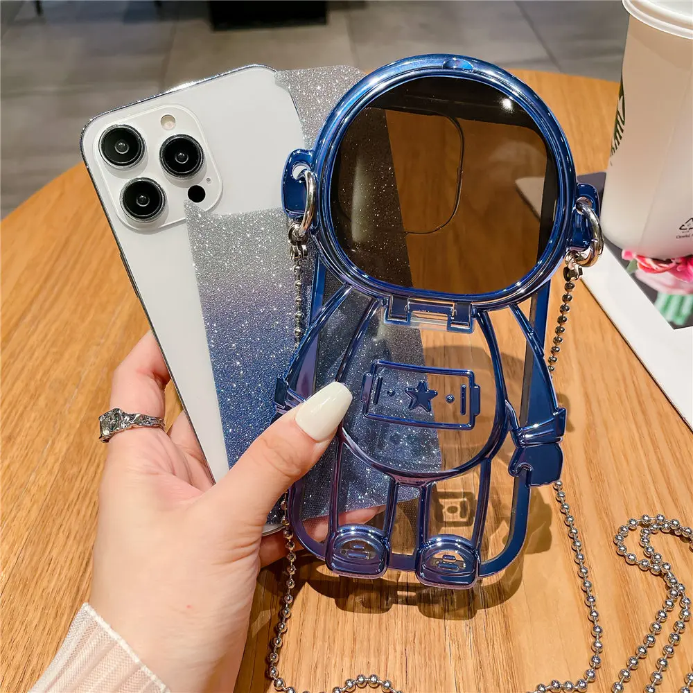 Astronaut Mirror Makeup Clear Crossbody Phone Case with Glitter Shockproof Cover