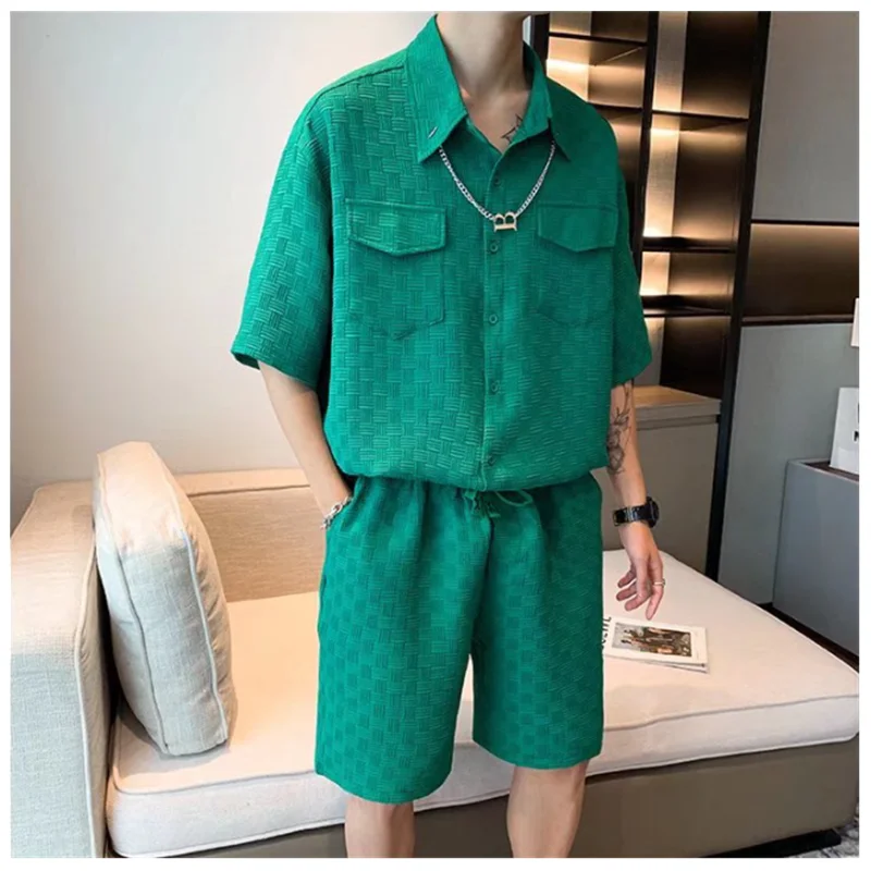 Pánské léto krátký rukáv sada trend jednoduchý ležérní káča šortky volné káča móda šortky pánské šatstvo H0003