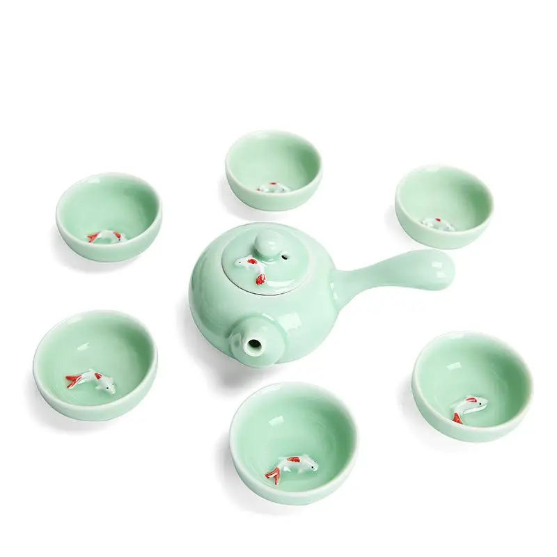 Longquan Celadon fish tea set ceramic teapot kettle ceramic tea cup fish chinese kung fu set drinkware 1pot+6cups tea set