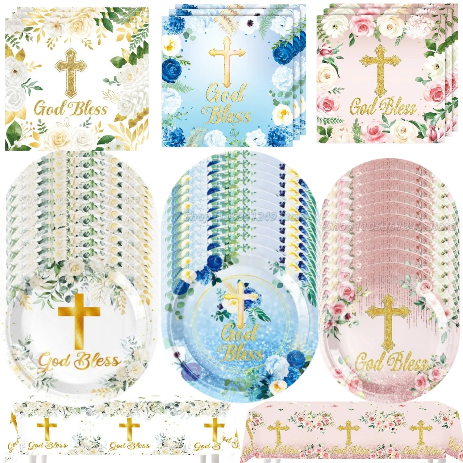 Baptism God Bless Party Supplies Tableware Plates Paper Cup Cross Napkins Tablecloth Baby Shower Holy Day Communion Birthday