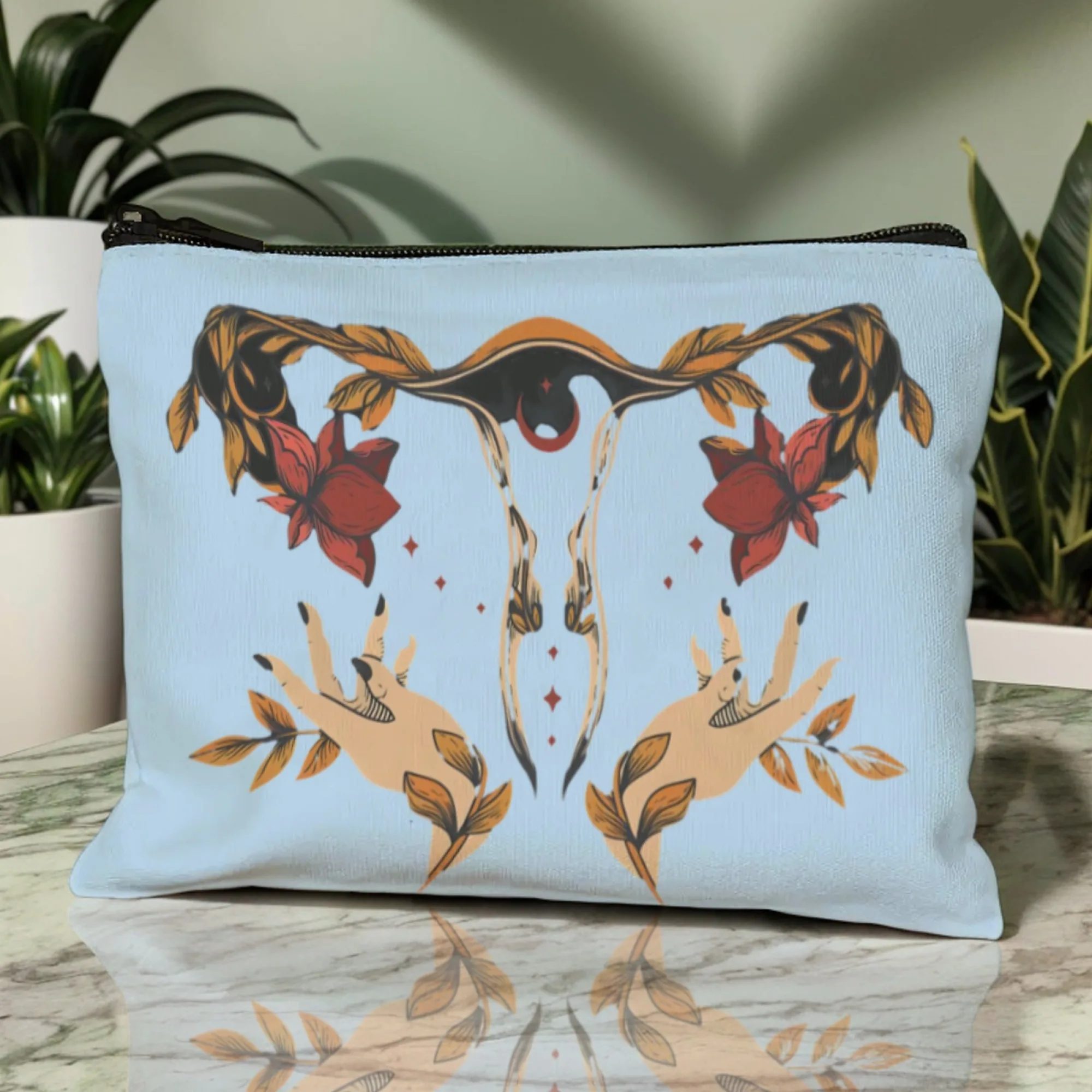 Künstlerische Uterus- und Hand-Design-Make-up-Tasche, Rouge, Aprikose mit Aquarell-Uterus- und Wiegenhände, ideales Geschenk für die Hebamme – Detail 2