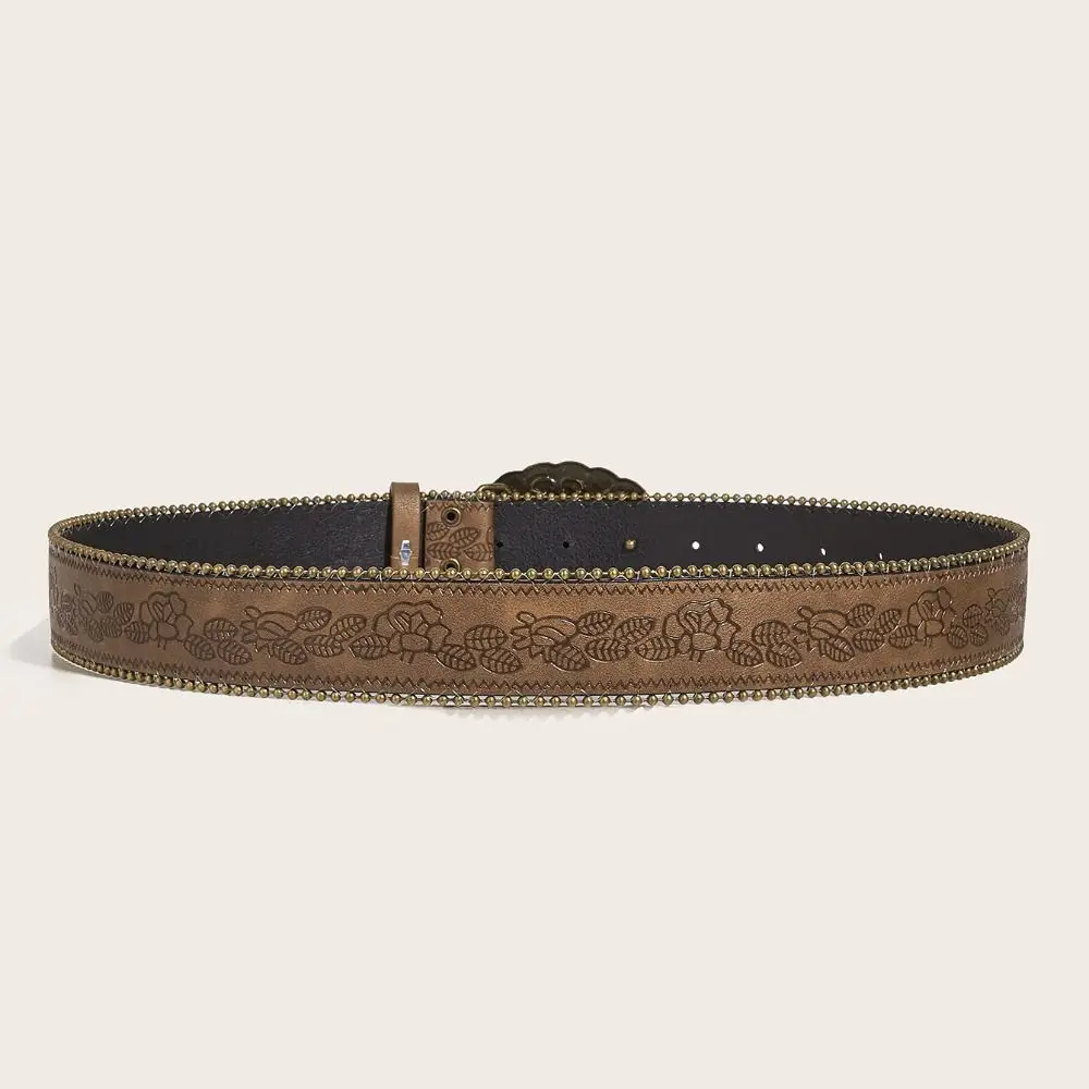 Modischer verstellbarer Damengürtel, Vintage-PU-Leder-Cowboy-Gürtel mit gravierter Schnalle, Boho-Western-Gürtel für Jeans, Hosen, Kleider – Detail 2