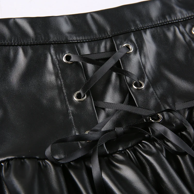 Punk Korean Lace Up Ruffles Ladies Tide A-line Streetwear PU Leather Bandage Hip Hop Students Pleated Mini Skirts Women blue skirt