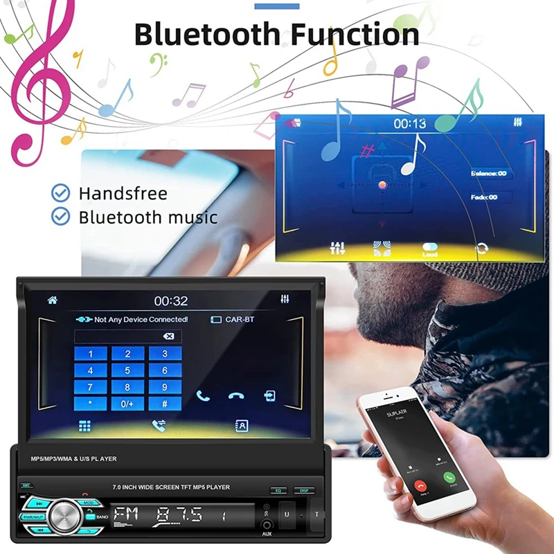 7 Inch Manual Flip Car Stereo Carplay Android Auto Single Din HD Touchscreen Radio FM Bluetooth Mirror Link Rear Camera