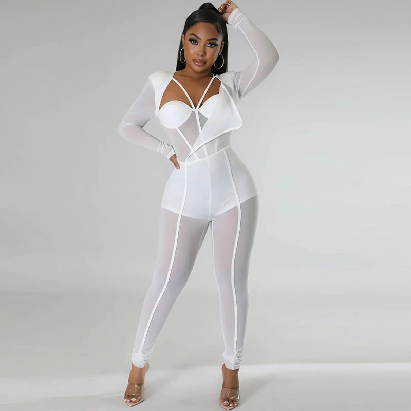 Long Sleeve See-through Bodysuit Turtleneck Elegant Club Party Female One Piece Outfits