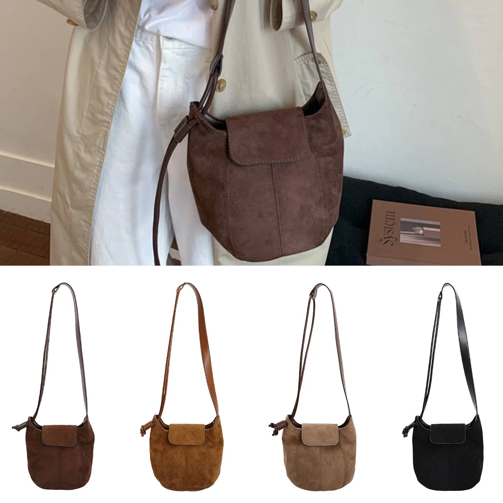 Women Girls PU Leather Single Shoulder Underarm Bag Drawstring Strap Bucket Bag One-Shoulder Crossbody Bag for Work & Outing