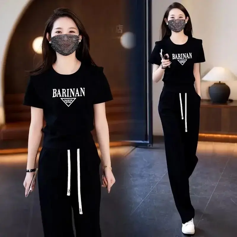 2024 Summer New Women's Set Fashion Sportswear Set Casual Age Reducing Round Neck Sweater Two Piece Set Trendy