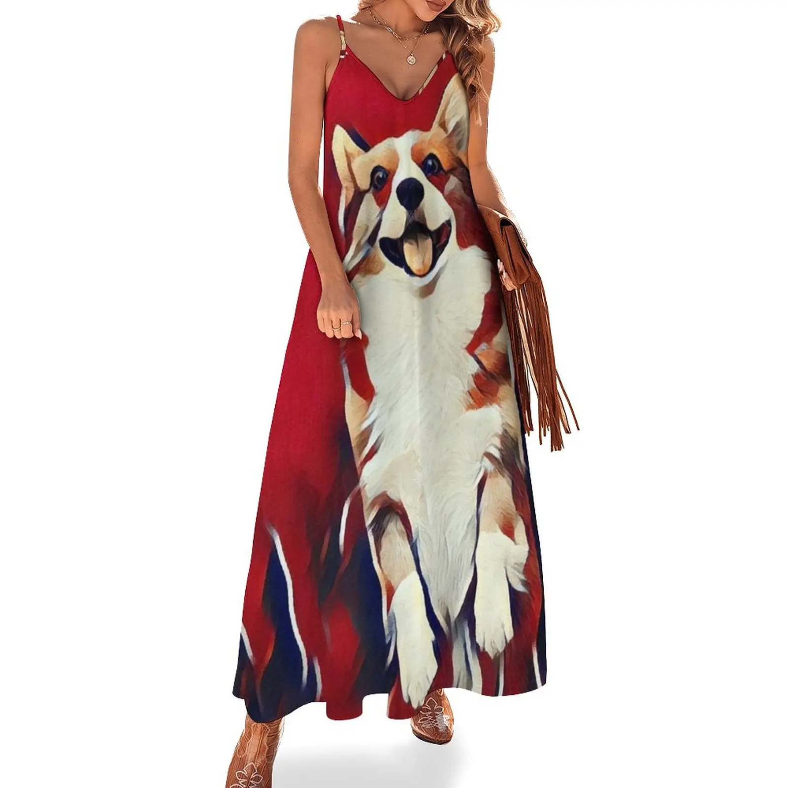 

New Happy Corgi Standing Up on Hind Legs Red Pop Art Sleeveless Dress clothes dresses for womens beach dresses