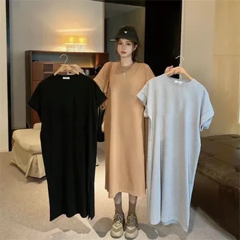 Loose Casual Solid Color Comfortable Dress Loose Large Size Short Sleeved Shirt Dress Summer Home Long Dresses 1