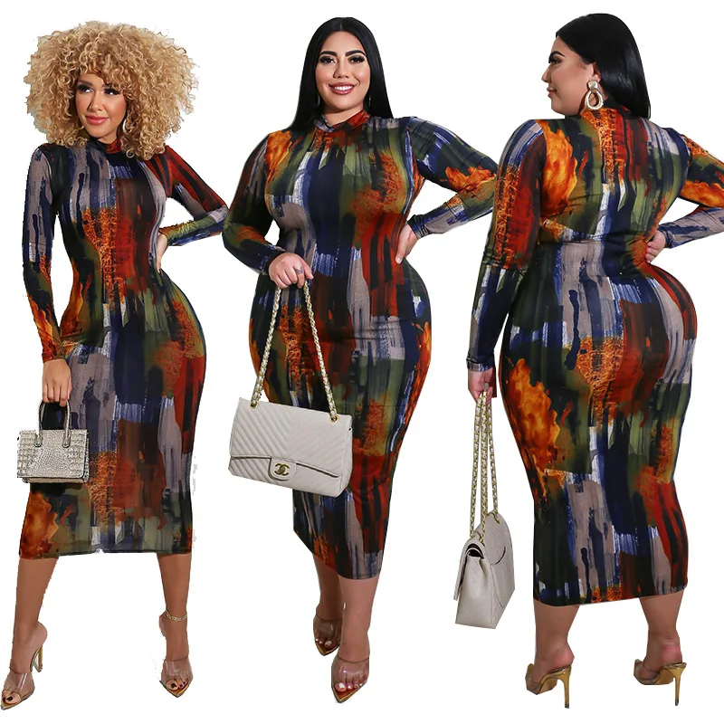 

Large size women's new printed round neck fit S-5XL long sleeve dress