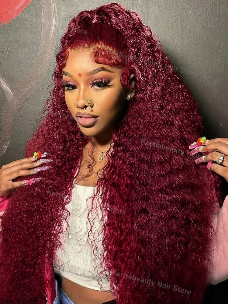 Lace Front Wig 99J Burgundy 30 40 Inch Deep Wave 13x6 Curly Lace Front Wig Red Wine Water Wave 13x4 HD Transparent Lace Frontal Human Hair Wigs